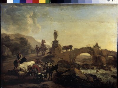 "Olasz táj kis híddal" Nicolaes (Claes) Pietersz Berchem idősebb festménye (1620-1683) 1656 Méret: 44,5x61 cm Ermitázs Múzeum, Szentpétervár alkotó: Nicolaes Pietersz. Berchem