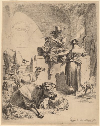 A szökőkúton ülő pásztor és a fonó alkotó: Nicolaes Pietersz Berchem