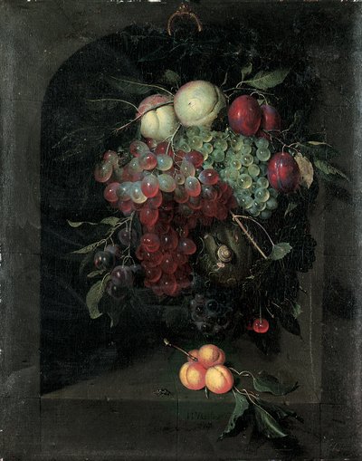 Koracs szőlő, őszibarack, szilva és cseresznye egy csigával egy kőfülkében, egy csomó sárgabarack és méh a párkányon, 1666 alkotó: Nicolaes Van Gelder