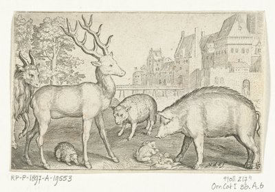 Szarvas, sündisznó, birka, béka és disznó Animalivm qvadrvpedvm (sorozat címe) Állatok a tájakon (sorozat címe) alkotó: Nicolaes de Bruyn