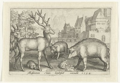 Szarvas, sündisznó, birka, béka és disznó Animalivm qvadrvpedvm (sorozat címe) Állatok a tájakon (sorozat címe) alkotó: Nicolaes de Bruyn
