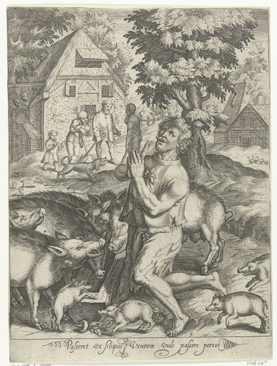 Tékozló fiú, mint disznópásztor Pasceret vt siliquis ventrem pascere porcos-t tölt (cím a tárgyon) A tékozló fiú története (sorozat címe) alkotó: Nicolaes de Bruyn