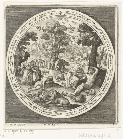 Zesde dag van schepping: God schept de dieren en Adam en Eva Van schepping tot verdrijving uit paradijs (series title)   1369735   hu       hungarian Successfully Translated  Original: India-rubber plant, Ficus elastica. Chromolithograph from an illustrati alkotó: Nicolaes de Bruyn