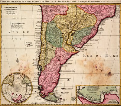 Paraguay, Chile, a Magellán-szoros és Tierra del Fuego térképe Dél-Amerikában, 1720 körül (színes metszet) alkotó: Nicolaes the Younger Visscher