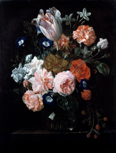 Tulipán, szegfű és hajnali dicsőség üvegvázában, 17. század. alkotó: Nicolaes van Veerendael
