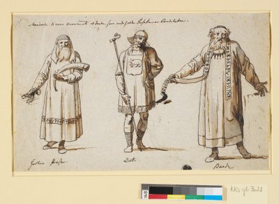 Jelmeztanulmányok. Valószínűleg a színházba. Három figura, egy hertai pap, egy drót és egy bárd alkotó: Nicolai Abildgaard