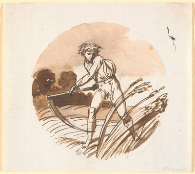Kaszával hadonászó aratógép, hátrafelé. alkotó: Nicolai Abildgaard