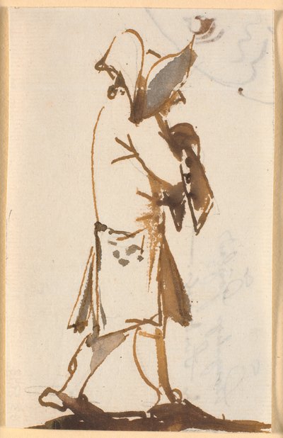 Sétáló férfi karikatúrája háromszögletű kalappal, profilban t.h. alkotó: Nicolai Abildgaard