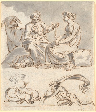 Apuleius „Az arany szamár” 4. könyvének jelenetvázlata. A rablóbanda házvezetőnője elmeséli a fiatal lánynak Ámor és Psyché mítoszát. Lent egy delfinpár és egy meztelen alak, esetleg Vízöntő – február és január égi jele alkotó: Nicolai Abildgaard