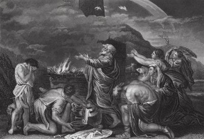 Noé áldozata, Genezis, 8. fejezet, 20. v. (metszet) alkotó: Nicolas (after) Poussin