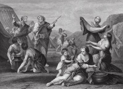 A manna hullása, 2Mózes, 16. fejezet, 14. és 24. versek (metszet) alkotó: Nicolas (after) Poussin