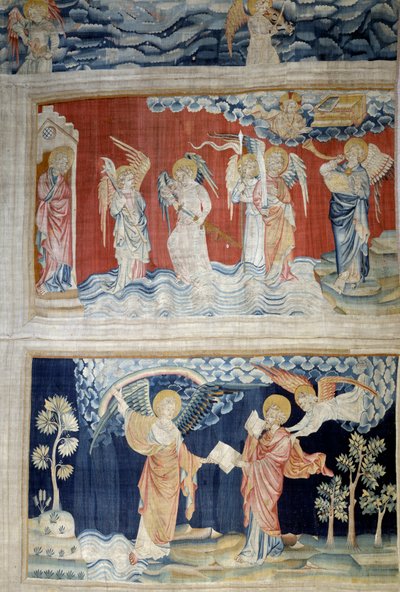 Jelenések akasztása (1373-1383), n. 25: a hatodik trombita, az Eufrátesz angyalai. Lent, n. 28-án az Angyal átadja a könyvet Szent Jánosnak, aki felfalja. Nicolas Bataille (1330-1405) kárpitja alkotó: Nicolas Bataille