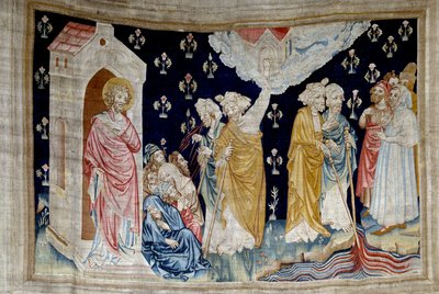 Jelenések akasztása (1373-1383), n. 28: a csoda. Fideles Isten szolgái és prófétái nézik a vérré változott folyót. Nicolas Bataille (1330-1405) kárpitja alkotó: Nicolas Bataille