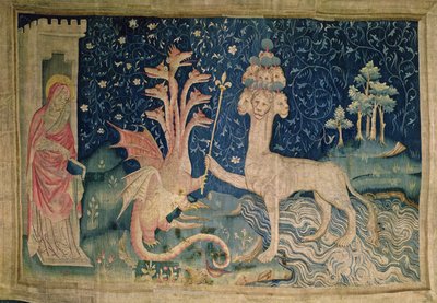 A tenger fenevadja hét fejjel és tíz koronával, 40. sz. az "Angers-i apokalipszis"-ből, 1373-87 (faliszőnyeg) alkotó: Nicolas Bataille