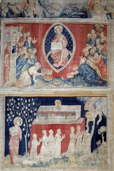 A Jelenések függönye (1373-1383), n. 5: az idősek fenségesen leborulnak Krisztus előtt (a dicsőségben lévő Jézus Krisztust egy mandorlában ábrázolják). N. 11: a mártírok lelkei. Nicolas Bataille (1330-1405) kárpitja alkotó: Nicolas Bataille