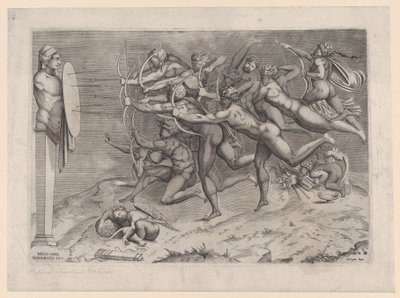 Meztelen íjászok lövöldöznek egy hermára erősített célpontra, Ámor alszik lent, esetleg..., kb. 1540-60. alkotó: Nicolas Beatrizet