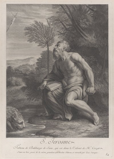 Szent Jeromos egy fa mellett ül, feszületre néz, oroszlánt iszik egy patakból..., 1728 alkotó: Nicolas Chateau
