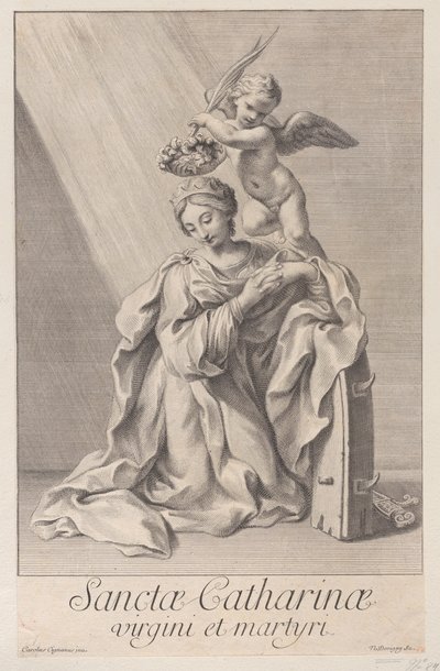 Alexandriai Szent Katalin térdel, könyökével a tüskés keréken nyugszik, és egy..., 1698. alkotó: Nicolas Dorigny
