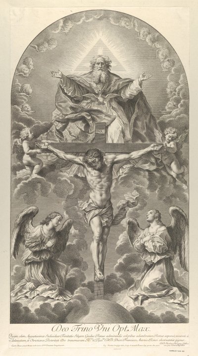A Szentháromság, Krisztus a kereszten két angyal mellett, a Szentlélek galambként és..., 1702. alkotó: Nicolas Dorigny