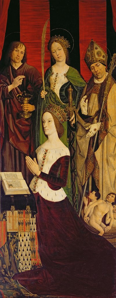 Mózes és az égő bokor triptichonja, jobb oldali tábla, amely Jeanne de Lavalt (†1498) ábrázolja Szent Jánossal, Szent Katalinnal és Szent Miklóssal, 1476 körül (lásd még: 26542, 173010 és 232840) alkotó: Nicolas Froment