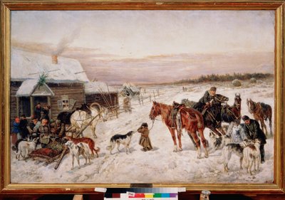 Kocsma előtt télen – Nyikolaj Jegorovics Svercskov (Nicolas Swertschkoff) festménye (1817-1898), olaj, vászon alkotó: Nicolas Gregorovitch Svertschkoff
