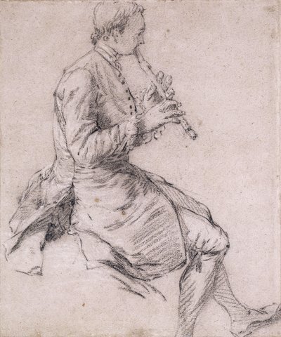 Egy ülő férfi furulyázik, a profilban jobbra, 1720 körül alkotó: Nicolas Lancret