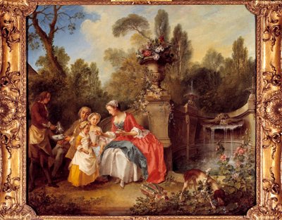 Egy nő a kertben kávézik a gyerekekkel vagy egy csésze csokoládé Nicolas Lancret (1690-1743) festménye alkotó: Nicolas Lancret