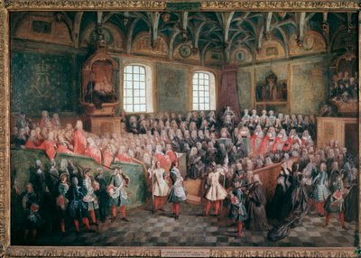 XV. Lajos király többsége által tartott igazságszolgáltatás ágya a párizsi parlament nagytermében február 22-én alkotó: Nicolas Lancret