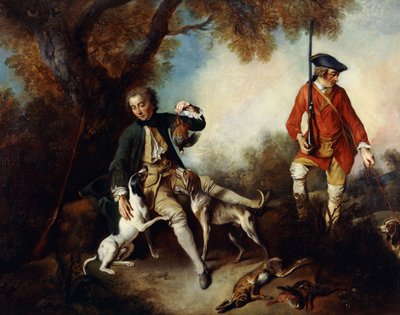 La Halte de Chasseurs": Vadász, aki egy vadat tart és egy fánál pihen, a szolgája és a kopók a közelben, alkotó: Nicolas Lancret
