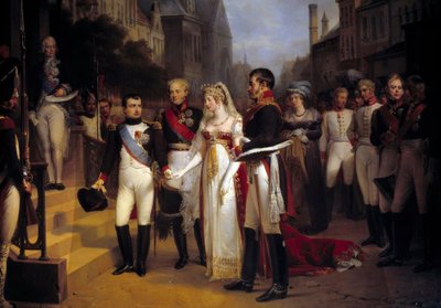 Bonaparte Napóleon császár (1769-1821) Tilsitben (Tilsitt) fogadta Lujza porosz királynőt 1807.07.06-án. A lépcsőn Talleyrand diplomata várja. Nicolas Louis Gosse (1787-1878) festménye 1837 V. 3,51x4,92 m Versailles, musee du Chateau - The alkotó: Nicolas Louis Francois Gosse