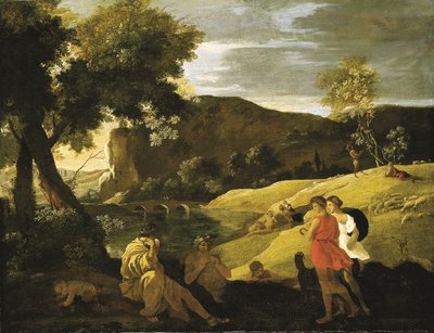 Árkádiai táj Pán és Bacchus legendáiból származó történetekkel (olaj, vászon) alkotó: Nicolas Poussin