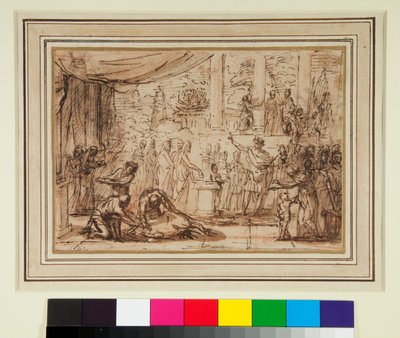 Antik áldozat a templomban (toll és barna tinta és barna mosás vörös krétán) alkotó: Nicolas Poussin