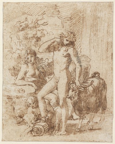 Bacchus és Erigone (toll és tinta mosással papíron) alkotó: Nicolas Poussin