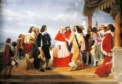 Richelieu bíboros bemutatja Poussint XIII. Lajosnak 1640-ben, részlet Jean Alaux (1786-1864) 1832-es festményéből, Franciaország alkotó: Nicolas Poussin