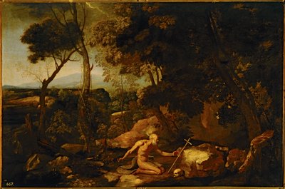 Tájkép Szent Jeromossal ... (festmény, vászon) alkotó: Nicolas Poussin