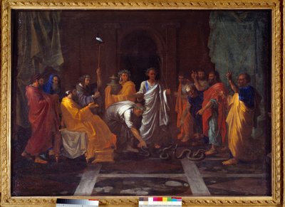 Mózes kígyóvá változtatja Áron botját. Nicolas Poussin festménye alkotó: Nicolas Poussin