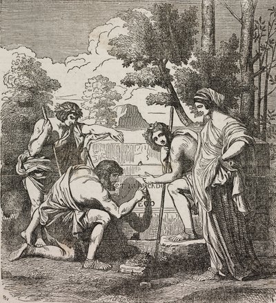 Arcadia pásztorai, Nicolas Poussin festménye után, illusztráció a Universal Theatre enciklopédikus és szcenográfiai gyűjteményéből, 512. szám, május 4. alkotó: Nicolas Poussin