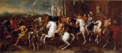 A Meleager vadászata. A görög mitológia hősei, amelyek a calydoni vaddisznó vadászata során híresek. Nicolas Poussin festménye alkotó: Nicolas Poussin