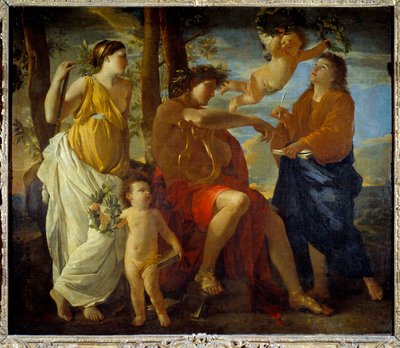 Az Un poete költő inspirációját, babérkorona kezében és fejdíszében lírát múzsák és putti veszik körül. Nicolas Poussin festménye alkotó: Nicolas Poussin