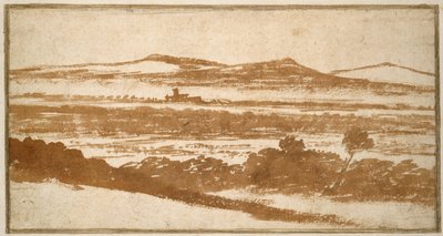Kilátás egy völgyre a távoli dombok felé (kefe és vörösesbarna mosás, törtfehér papíron, fehér kártyatartóra fektetve) alkotó: Nicolas Poussin