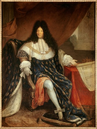 XIV. Lajos (1638-1715) portréja a lábában, kezében a Saint Cyr (Saint-Cyr) királyi ház tervével. Nicolas Rene Jollain the Old festménye alkotó: Nicolas Rene Jollain
