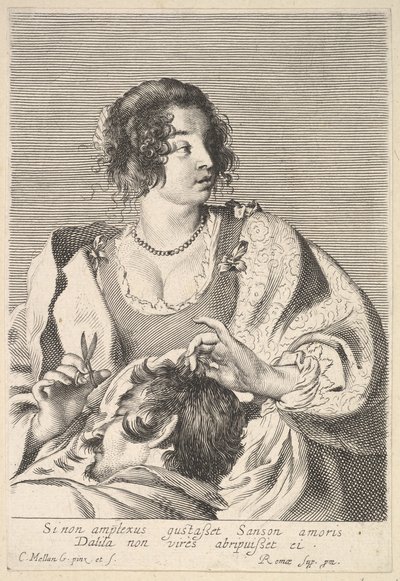 Delila Sámson haját készül levágni ollóval a jobb kezében, a mellkasa alatt..., kb. 1629. alkotó: Nicolas Viennot