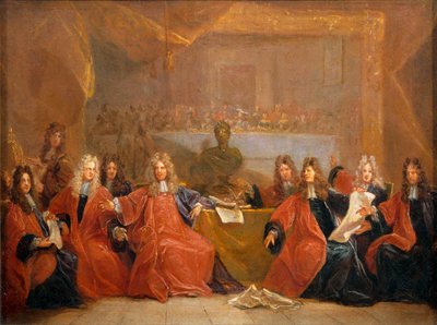 A kereskedők és Párizs városának tanácsosai a XIV. Lajosnak felajánlott lakoma felajánlásáról tanácskoznak ... alkotó: Nicolas de (workshop) Largilliere