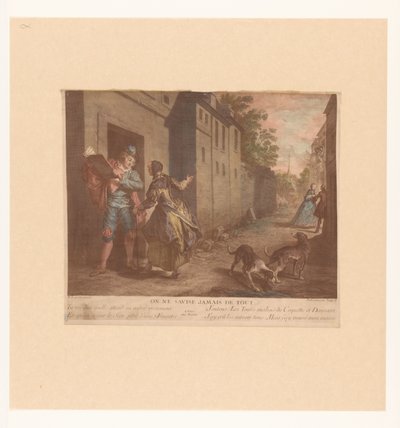 Straat Gezicht met man met boek Vagy soha ne gondolj mindenre (cím a tárgyon) Fabels van Jean de La Fontaine (sorozat címe) La Fontaine meséihez készült új nyomatok sorozata (sorozat címe) alkotó: Nicolas de Larmessin (III)