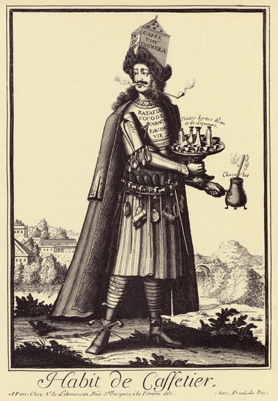 Caffettier: "Habit de Caffettier "(kávéfőző vagy kávékereskedő, csokoládé, tea, likőrök) Szatirikus rajz Nicolas de Larmessin (1640-1725) "Costumes Grotesques" című művéből. alkotó: Nicolas de Larmessin
