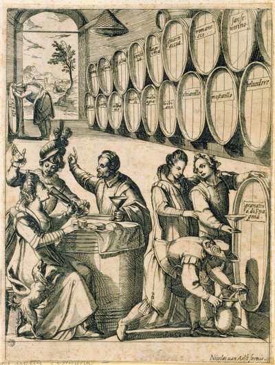 Italok egy borospincében (a hordókra római borok neve van ráírva) alkotó: Nicolaus van Aelst