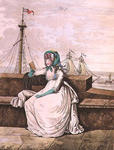 Reggeli ruha, 71. ábra Nikolaus Heideloff "Divatgalériája", II. kötet, 1795. október (nyomtatás) alkotó: Nicolaus von Heideloff
