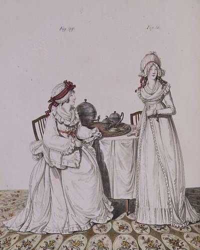 Két hölgy reggelizik az öltözőjükben, hálósapkát és peignoirt viselve, Nikolaus Heideloff "Gallery of Fashion" című művéből, I. kötet, 1794. november (nyomtatott) alkotó: Nicolaus von Heideloff