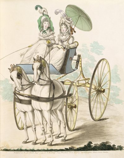 Két hölgy, en negligee, egy phaetonban sugároznak, Nikolaus Heideloff Divatgalériájából, I. kötet, 1794. augusztus (nyomtatott) alkotó: Nicolaus von Heideloff