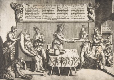 Tiszteletreméltó Tétlenség, Cockaigne királynője, egy kövér nő, aki mozgatható WC-széken ül, lény..., 1565. alkotó: Nicolo Nelli